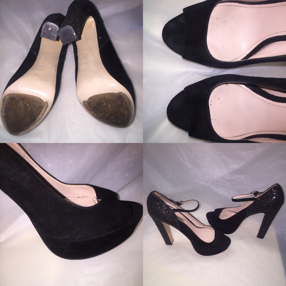 Miu Miu Isabelle Glitter Suede Peep Toe Heels - image 5